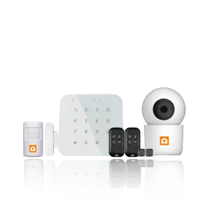 LETcare Plus Security Package featuring outdoor CCTV camera, indoor IP camera, motion sensor, touch keypad, door sensor, and remotes