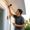 A professional technician installing a smart CCTV camera on a modern white house wall, wearing a gray polo shirt with orange collar and LETcare logo, representing professional installation service.
