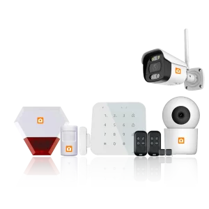 LETcare Pro Security Package featuring outdoor CCTV camera, indoor IP camera, motion sensor, touch keypad, door sensor, remotes, and smart siren