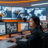 Asian security monitoring team wearing black LETcare jackets working in a modern control center with multiple CCTV screens displaying real-time surveillance footage under warm professional lighting.