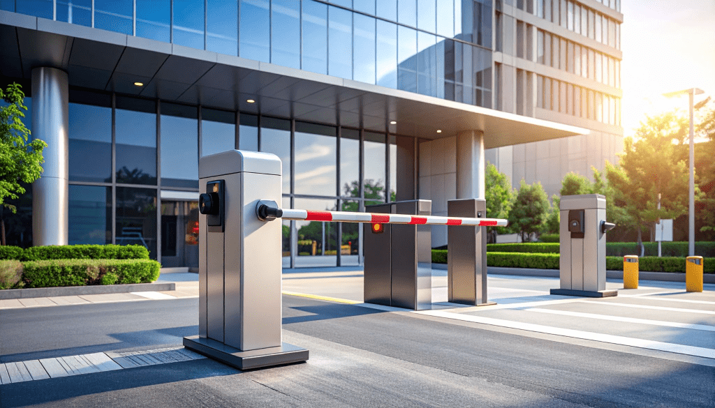 Automatic vehicle barrier gate with license plate camera at Asian building entrance