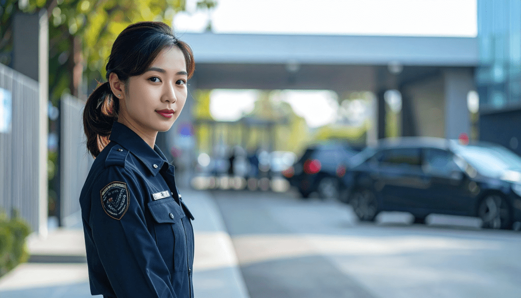 Asian security guard inspecting a vehicle at a gated office entrance