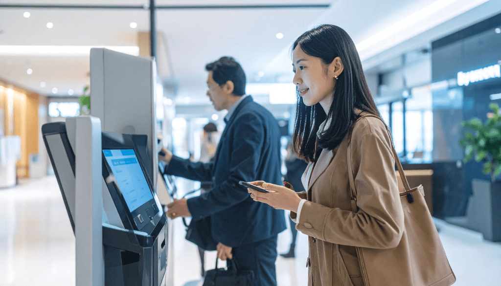 Asian visitor using a digital check-in kiosk at an office lobby