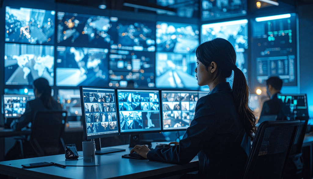 Asian security monitoring center with staff overseeing multiple surveillance screens