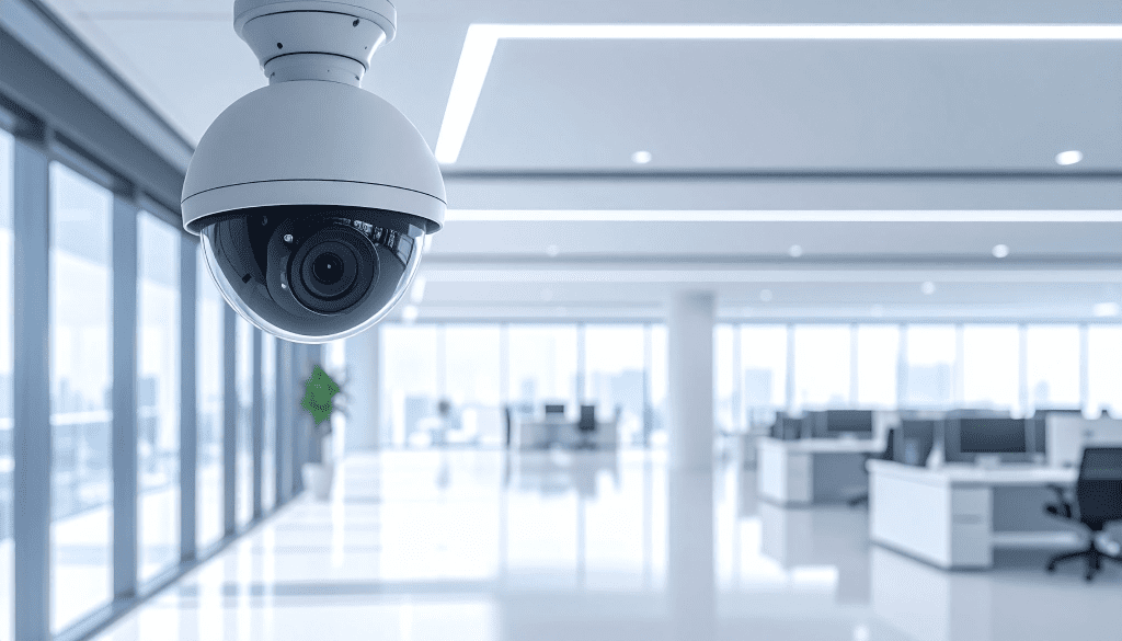 AI-powered CCTV camera installed in the ceiling of a modern Asian office