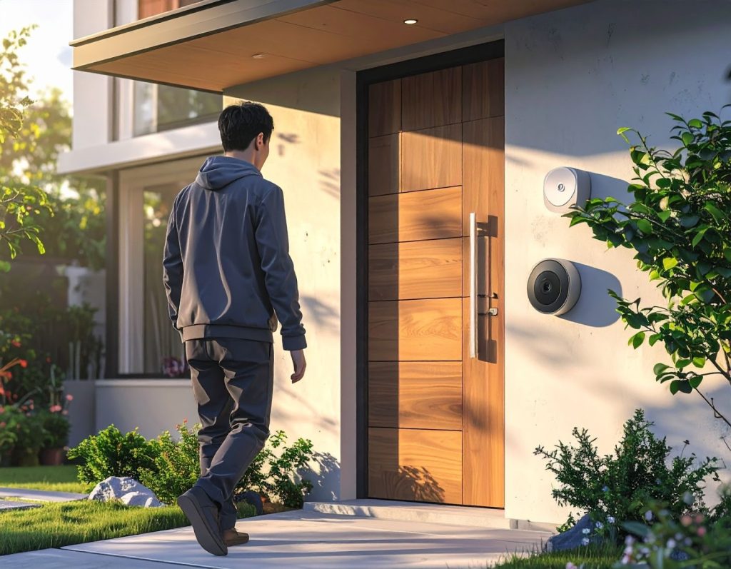 ชายกำลังเดินผ่านประตูหน้าบ้านที่ติดตั้งระบบสัญญาณกันขโมยแบบไร้สาย บริเวณผนังมีเซนเซอร์และอุปกรณ์รักษาความปลอดภัย เพื่อป้องกันการบุกรุกและเพิ่มความปลอดภัยของบ้าน