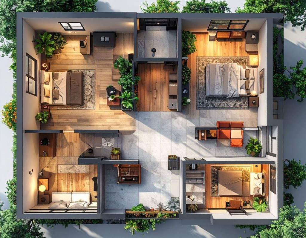 แผนผังบ้านพร้อมแสดงจุดติดตั้งระบบกันขโมยที่แนะนำ เช่น ประตู หน้าต่าง ทางเดิน และบริเวณหลังบ้าน