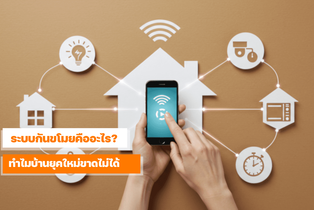 มือถือเชื่อมต่อระบบกันขโมยบ้านอัจฉริยะ พร้อมไอคอนสมาร์ทโฮมและระบบแจ้งเตือนอัตโนมัติ