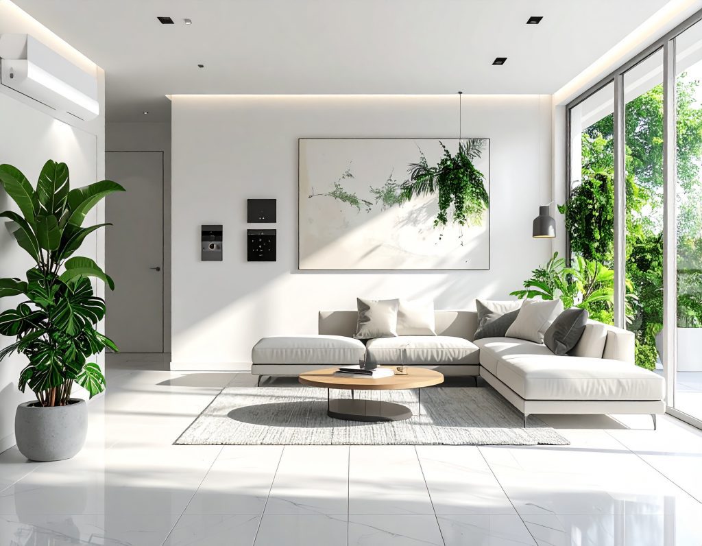 ห้องนั่งเล่นในบ้านอัจฉริยะ แสดงเซ็นเซอร์และแผงควบคุมระบบกันขโมย