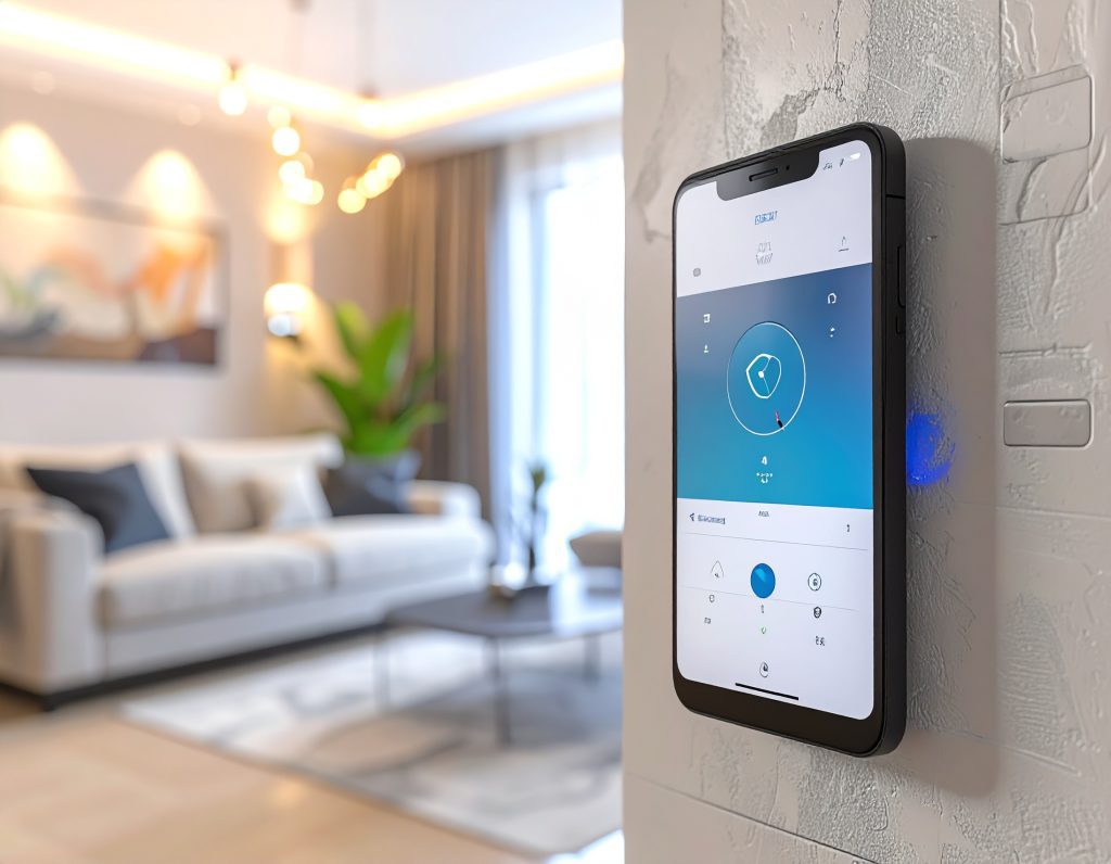 ห้องนั่งเล่นในบ้านอัจฉริยะ แสดงเซ็นเซอร์และแผงควบคุมระบบกันขโมยของ LETcare