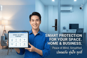 ระบบรักษาความปลอดภัยอัจฉริยะสำหรับบ้านและธุรกิจ แสดงกล้องวงจรปิด เซ็นเซอร์ ล็อกประตู และแดชบอร์ดควบคุมในบรรยากาศอบอุ่น