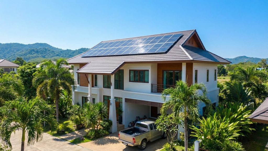 "ตัวอย่างบ้านในไทยติดแผงโซลาร์เซลล์บนหลังคา"