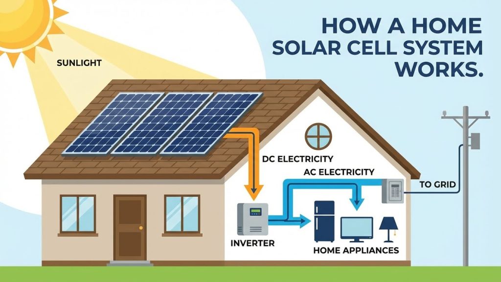 "แผนภาพการทำงานของแผงโซลาร์เซลล์ในบ้าน"