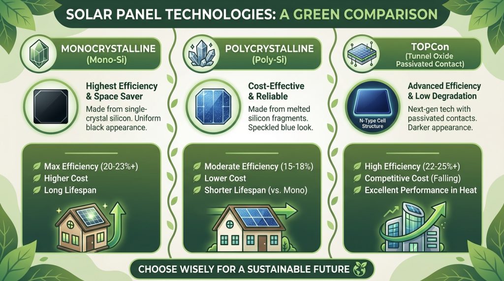 อินโฟกราฟิกเปรียบเทียบเทคโนโลยีแผงโซลาร์เซลล์แบบต่าง ๆ เช่น Mono, Poly และ TOPCon อย่างเข้าใจง่าย