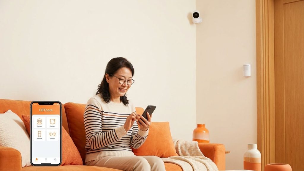 ห้องนั่งเล่นในบ้านชาวเอเชีย ตกแต่งโทนสีส้ม–ขาว เจ้าของบ้านกำลังดูแอป LETcare พร้อมกล้องวงจรปิดและเซ็นเซอร์ความเคลื่อนไหว"