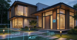 ภาพบ้านสมัยใหม่ติดตั้งระบบสมาร์ทโฮม แสดงแสงไฟอัจฉริยะ กล้องวงจรปิด และอุปกรณ์รักษาความปลอดภัย ดูล้ำสมัยและปลอดภัย