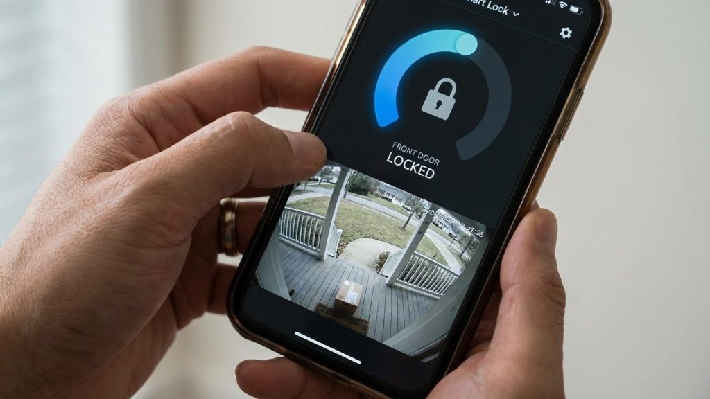 มือของคนเอเชียถือมือถือแสดงหน้าจอควบคุมสมาร์ทล็อกและภาพสดจากกล้องวงจรปิด