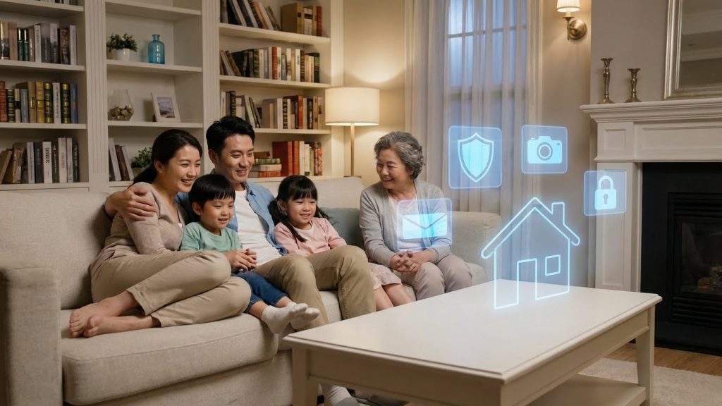ครอบครัวชาวเอเชียนั่งในห้องนั่งเล่นที่อบอุ่น พร้อมไอคอนระบบความปลอดภัยลอยอยู่รอบตัว