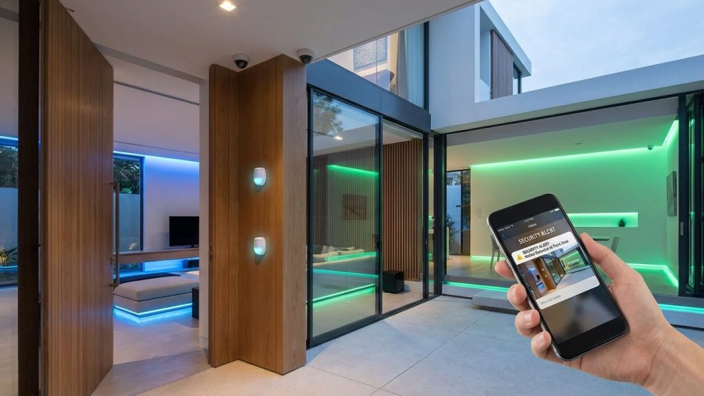 บ้านอัจฉริยะสไตล์เอเชียที่ติดตั้งกล้องวงจรปิด เซ็นเซอร์ และแอปบนมือถือแสดงแจ้งเตือนความปลอดภัย