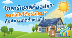 ภาพประกอบบทความ: โซลาร์เซลล์คืออะไร ลดค่าไฟได้จริงไหม คุ้มไหมที่จะติดตั้ง พร้อมบ้านติดแผงโซลาร์เซลล์ ถุงเงิน กราฟ และแสงแดด"
