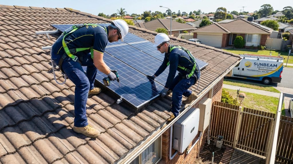 ช่างผู้เชี่ยวชาญกำลังติดตั้งแผงโซล่าเซลล์บนหลังคา