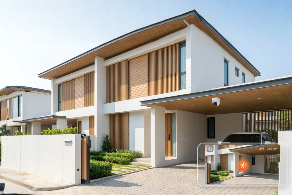 กล้องวงจรปิด AI ไร้สายติดหน้าบ้านทาวน์โฮมแบบโมเดิร์น สะอาดตา พร้อมดูภาพสดและแจ้งเตือนผ่านมือถือ