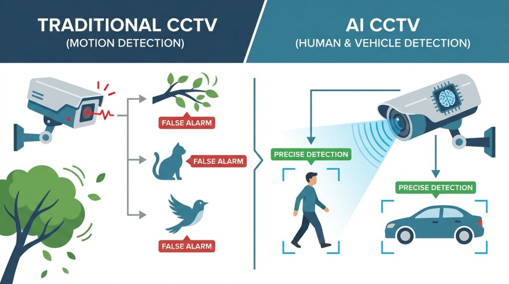 อินโฟกราฟิกเปรียบเทียบกล้องวงจรปิดแบบเดิมและกล้องวงจรปิด AI