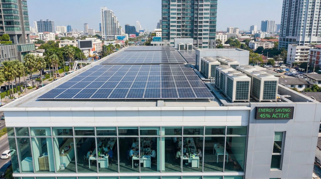 โซลาร์เซลล์บนอาคารสำนักงาน ช่วยลดค่าไฟธุรกิจ ใช้พลังงานแสงอาทิตย์ช่วงกลางวัน