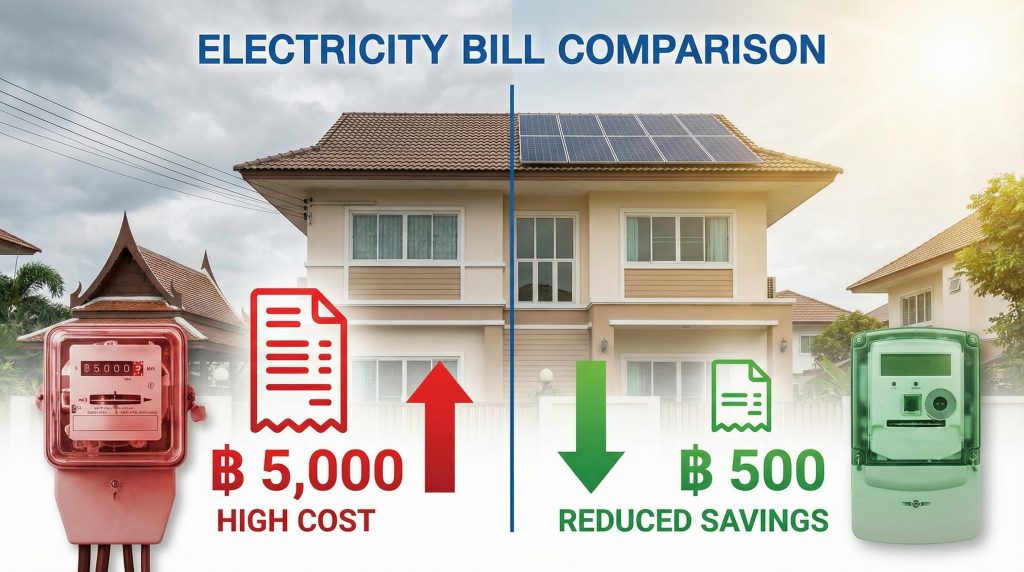 เปรียบเทียบบ้านติดโซลาร์เซลล์กับไม่ติด ค่าไฟลดลงอย่างชัดเจน ประหยัดระยะยาว
