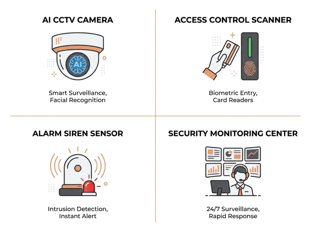 อินโฟกราฟิก 4 ระบบรักษาความปลอดภัย กล้อง AI Access Control Alarm และ Monitoring Center