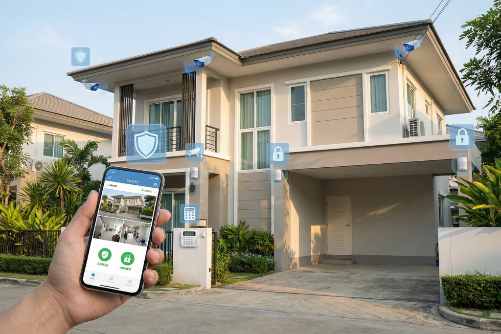 ระบบรักษาความปลอดภัยบ้านอัจฉริยะ กล้อง AI CCTV และเซ็นเซอร์แจ้งเตือนผ่านมือถือ